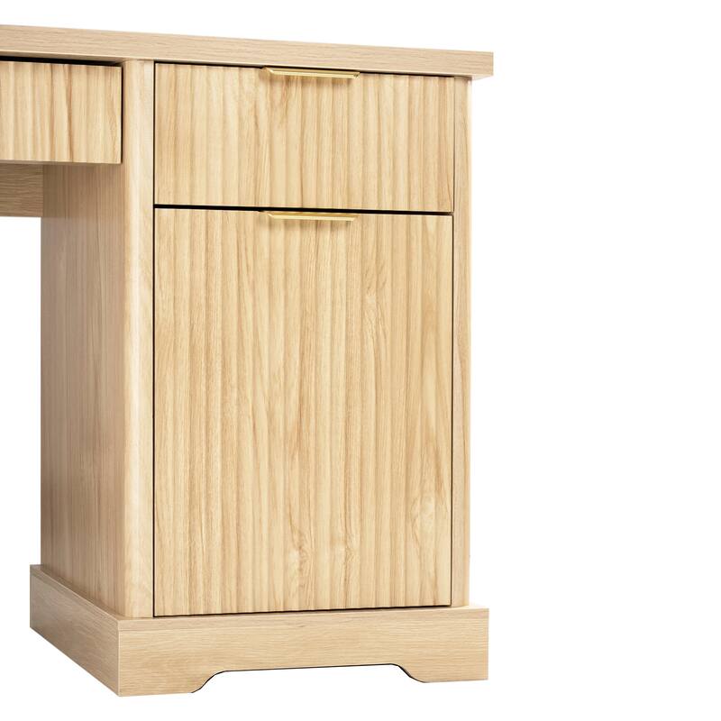 Roomfitters 55" Modern Fluted Office Desk with Charging Station, Storage Cabinet & Pegboard