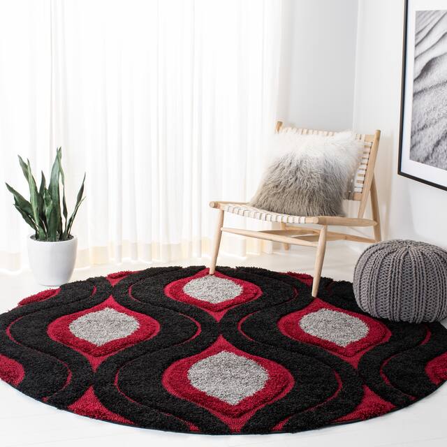 SAFAVIEH Florida Shag Bertille Geometric 1.2-inch Thick Rug - 6'7" x 6'7" Round - Black/Red