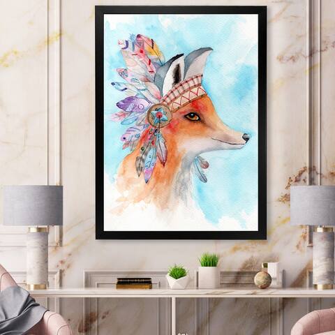 Designart 'Red Fox With Tribal Feather Crown' Americana Framed Art Print