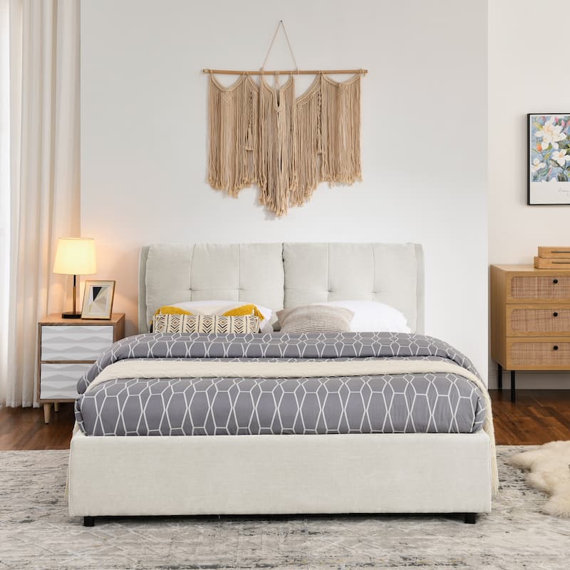 Chenille Storage Bed Frame, Hydraulic Lift Platform Bed with Under Bed Storage and Integrated Headboard, No Box Spring Needed - Beige - Queen