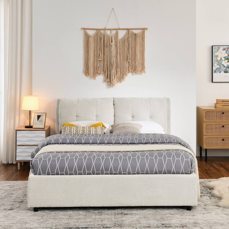 Hydraulic Storage Bed Frame Chenille Upholstered Platform Bed Queen Size Low Profile Bed with Integrated Headboard - Beige - Queen