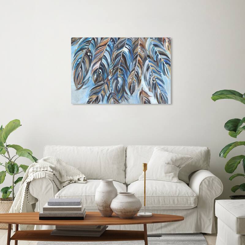 Wynwood Studio Canvas Fashion and Glam Pretty Feathers Blue and Modern & Contemporary Wall Art Canvas Print - 20 x 30
