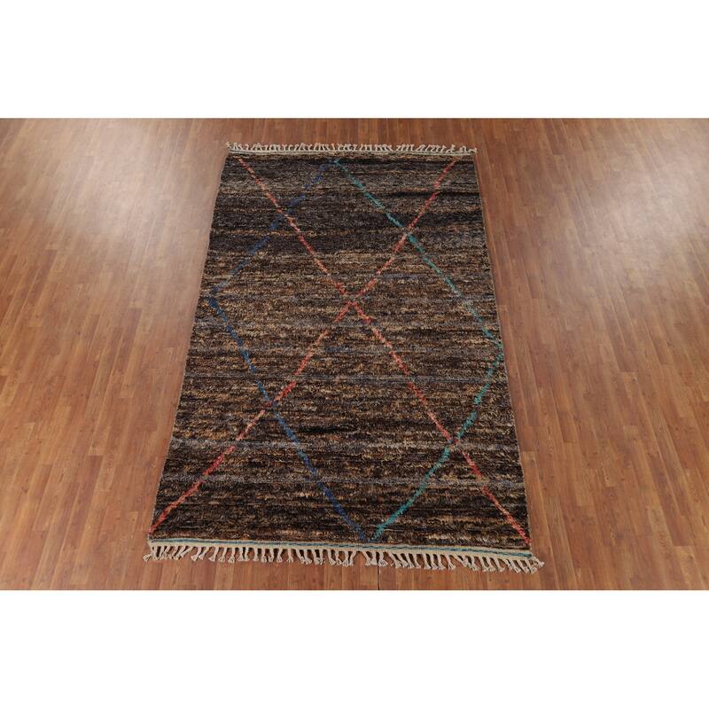 Brown Plush Moroccan Oriental Area Rug Hand-Knotted Wool Carpet - 6'1" x 10'0"