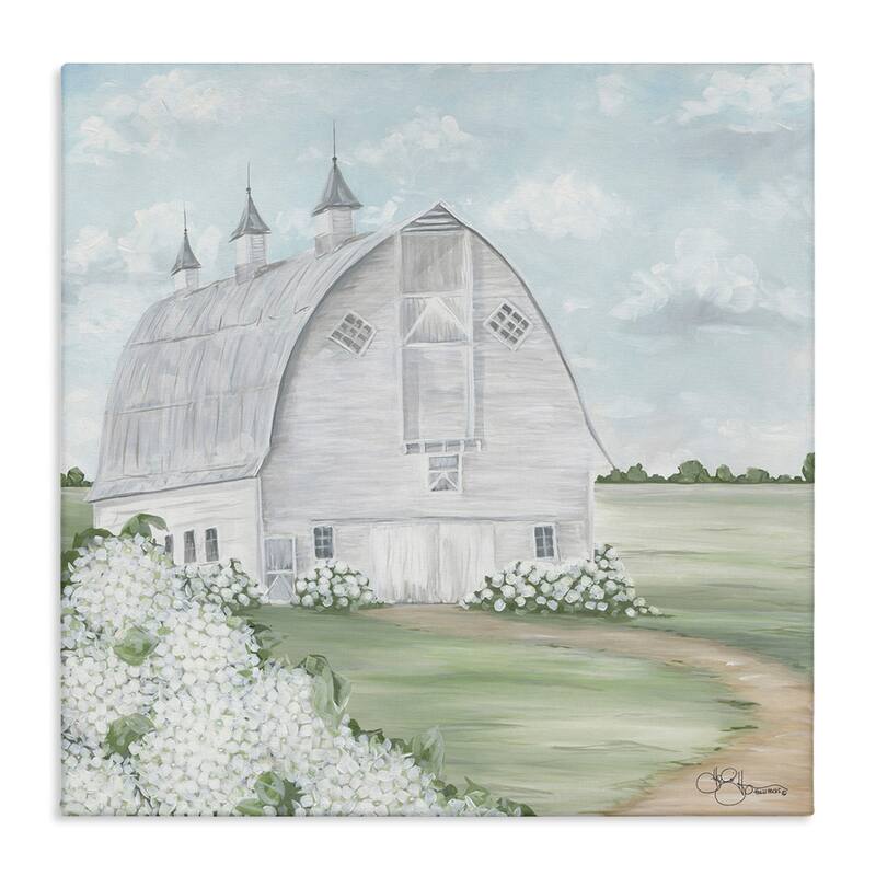 Stupell Soft Country Landscape White Barn and Hydrangeas Canvas Wall Art - 24 x 24