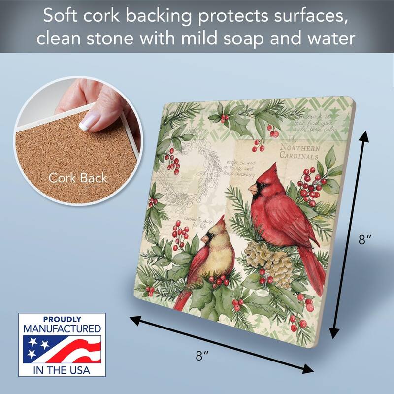 Holiday Cardinal Decorative Heat Tolerant Stone Trivet with Non-Skid Cork Backing 8” Square Artistic, Durable, Wipes Clean