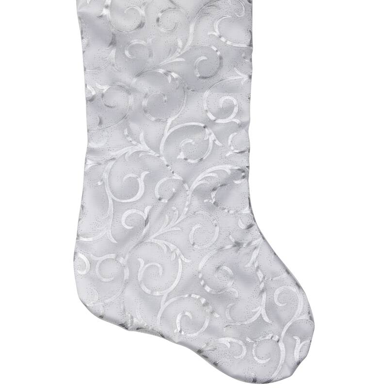 19in White and Silver Filigree Christmas Stocking with Bows