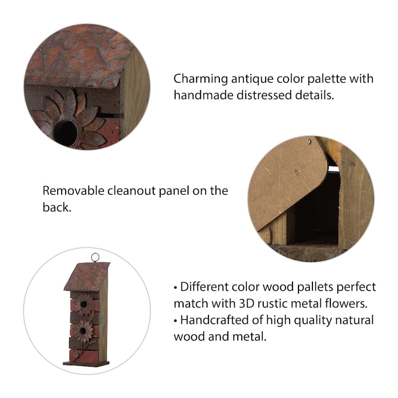 Glitzhome 14.5"H Two-Tiered Distressed Solid Wood Cottage Birdhouse with Flowers - 14.5"