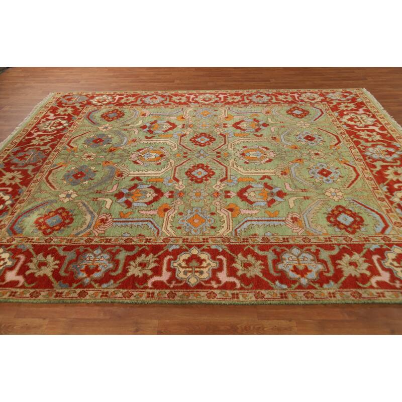 Hand Knotted Oriental 100% Wool Carpet Traditional Geometric Green Heriz (serapi) Area Rug - 9' 10'' X 8' 0''
