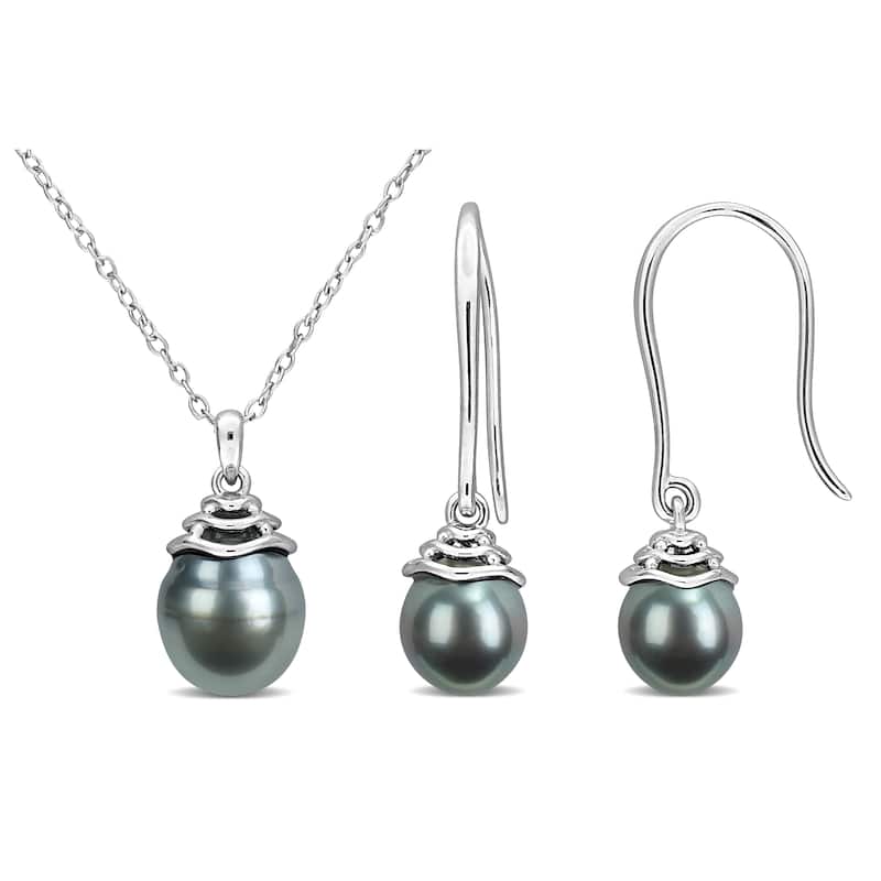 Miadora 8-8.5 MM & 9-9.5 MM Cultured Black Tahitian Pearl Earrings Necklace Set Sterling Silver