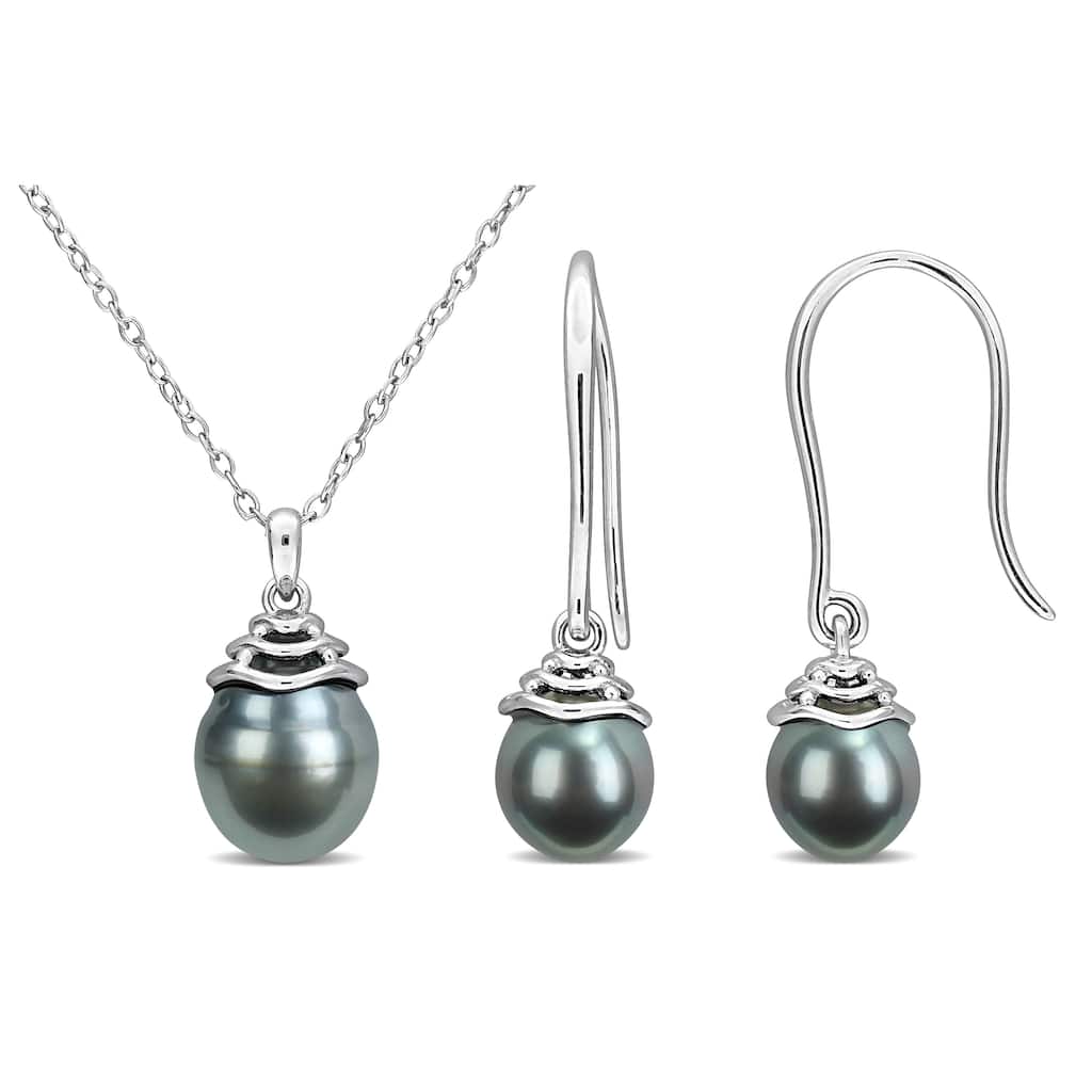 Miadora 8-8.5 MM & 9-9.5 MM Cultured Black Tahitian Pearl Earrings Necklace Set Sterling Silver