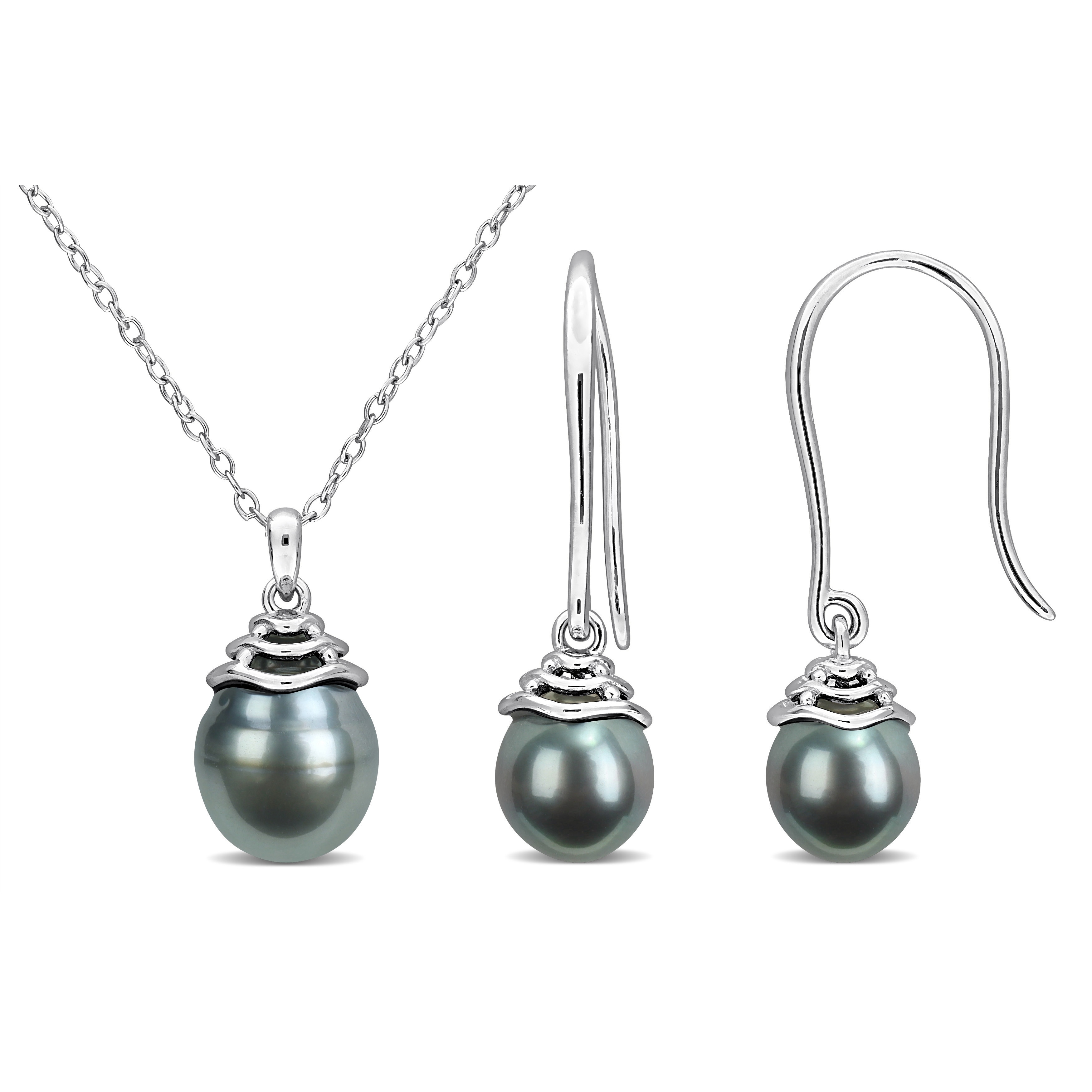Miadora 8-8.5 MM & 9-9.5 MM Cultured Black Tahitian Pearl Earrings Necklace Set Sterling Silver