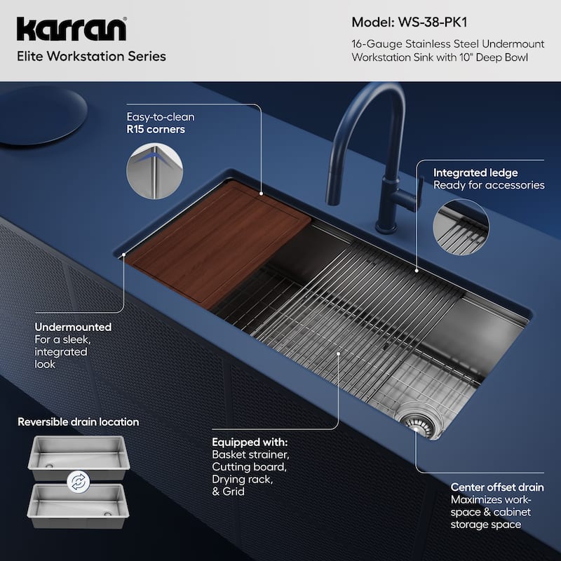 Karran Elite WS-38-PK1 Undermount 36" Single Bowl Stainless Steel Workstation Kitchen Sink
