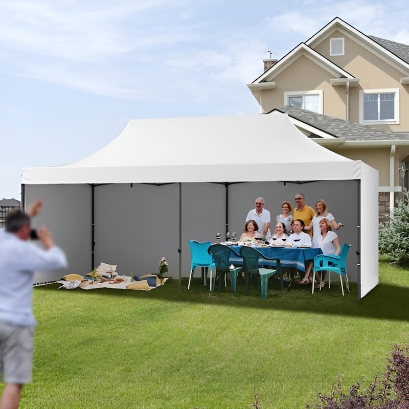 White 500D PU Canopy Tent with Sidewalls, Adjustable Steel Frame - 240” L x 120” W x 126” H
