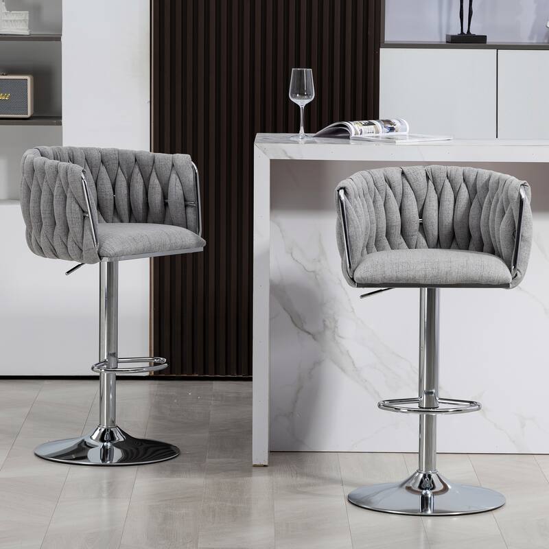 360°Velvet Swivel Bar Stools Set of 2, Adjustable Counter Height Bar Chairs with Woven Back & Footrest, chromed Bar Stools