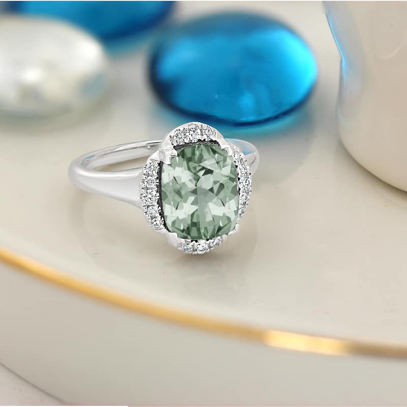 Auriya 2 3/8ct Cushion-cut Green Amethyst Halo Diamond Engagement Ring 1/8ctw 14k Gold