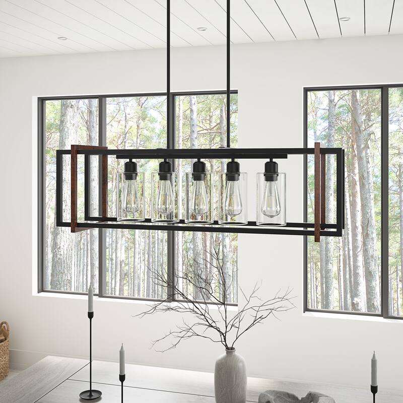 Industrial Black 5-Light Rectangular Iron Frame Kichen Island Pendant Lighting Fixture - Black