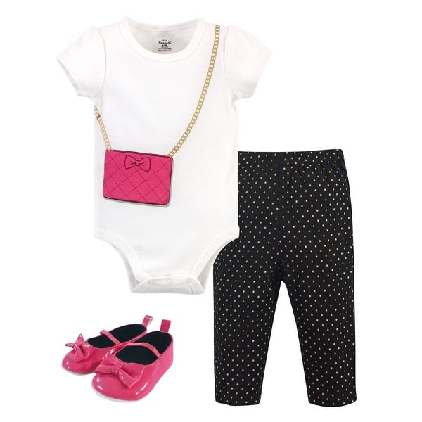 slide 1 of 1, Little Treasure Baby Girl Cotton Bodysuit, Pant and Shoe 3pc Set, Dark Pink Purse 0-3 Months - Dark Pink Purse