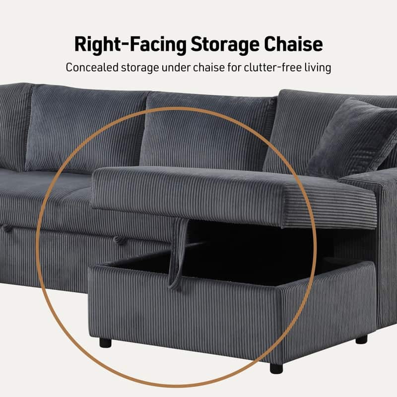 Ruxley 123"W Corduroy Sleeper Sectional Sofa with Right-Facing Storage Chaise and Throw Pillows