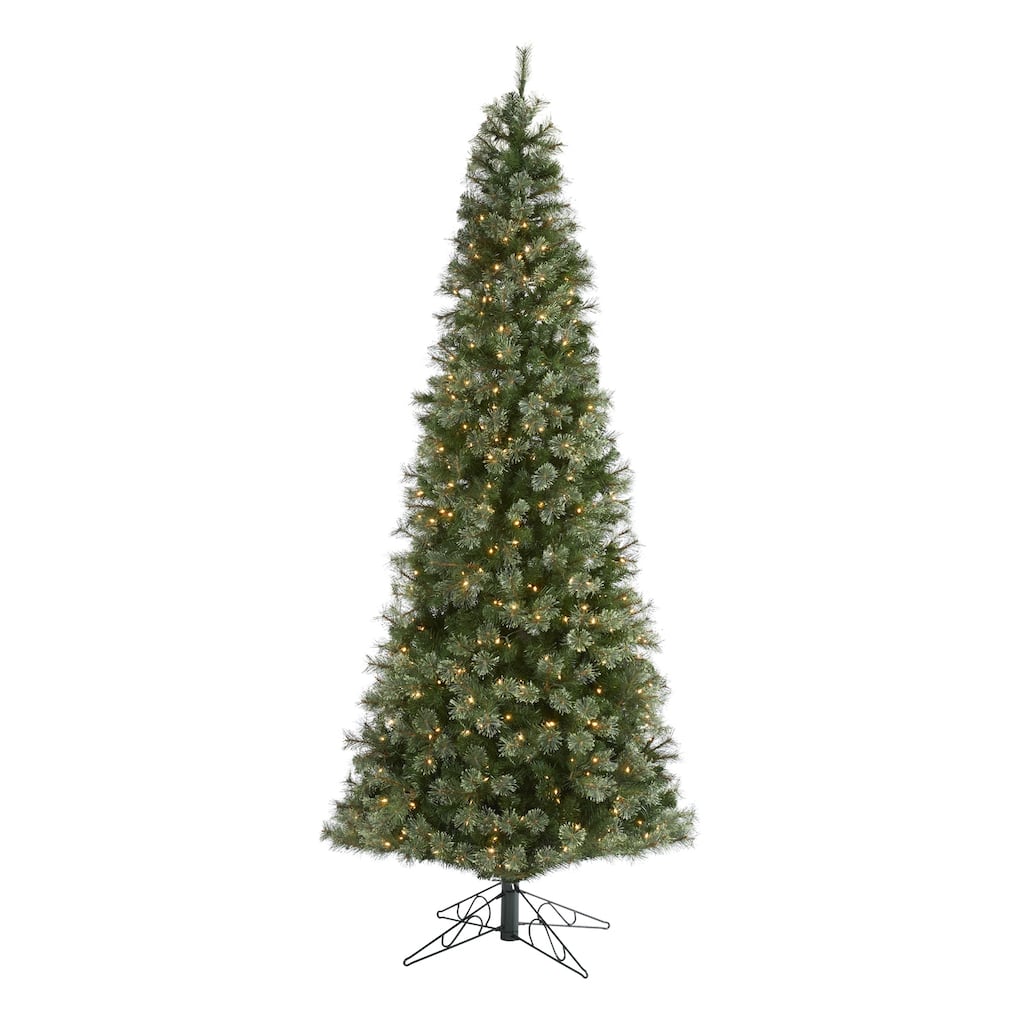 10ft Slim Christmas Tree with Lights - Pencil Artificial Holiday Tree, 750 LED Lights & Stand - Green - 120