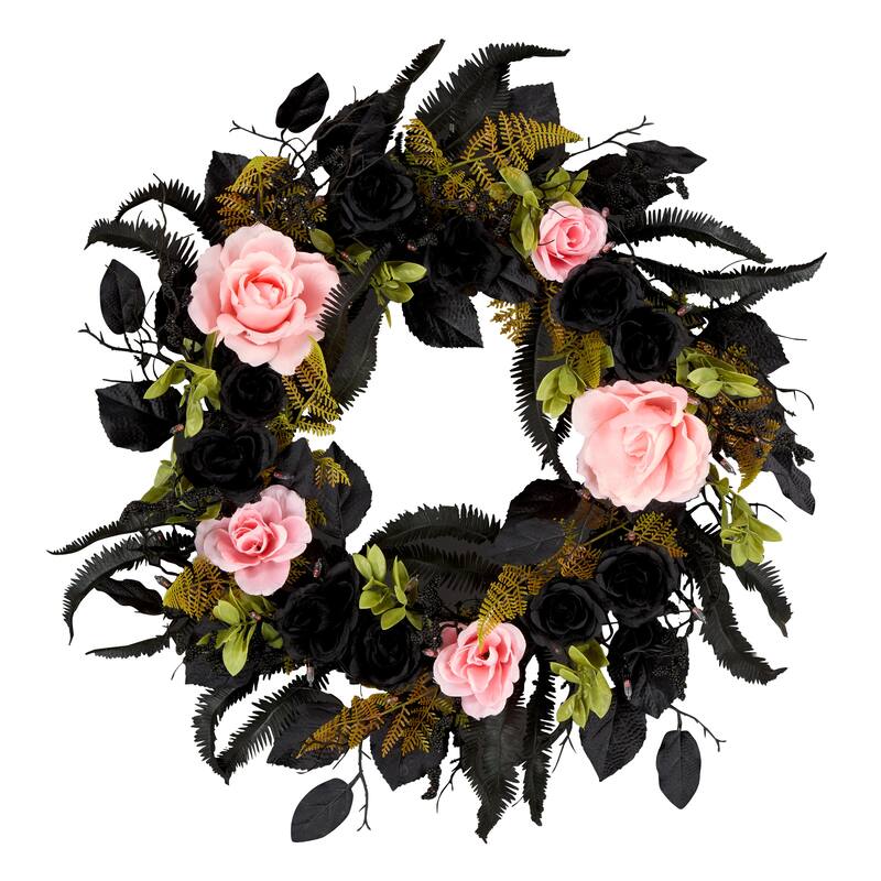 National Tree Company 24" Artificial Cute and Creep Halloween Wreath, 40 Pink LED Lights, Battery Operated - 2 ft