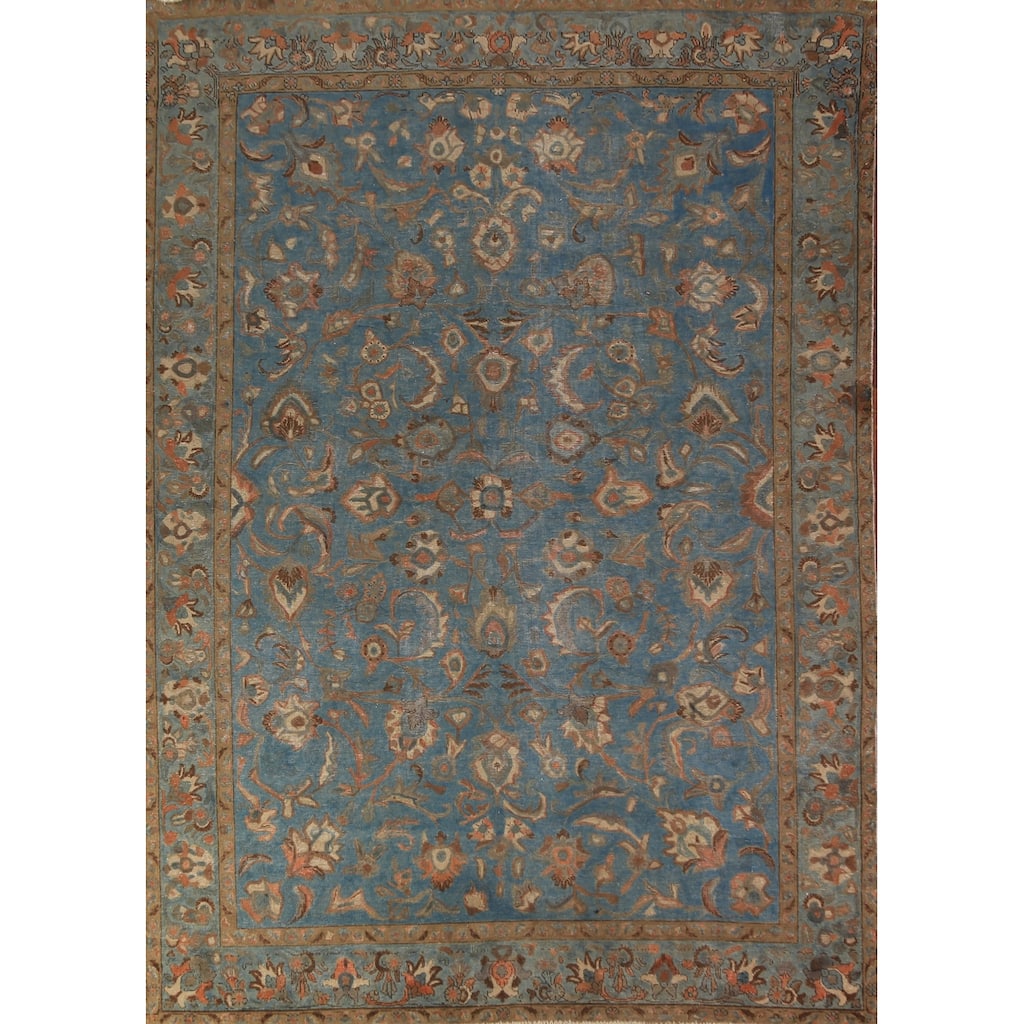 All-Over Floral Blue Tabriz Persian Area Rug Hand-Knotted Wool Carpet - 7'10"x 11'0"