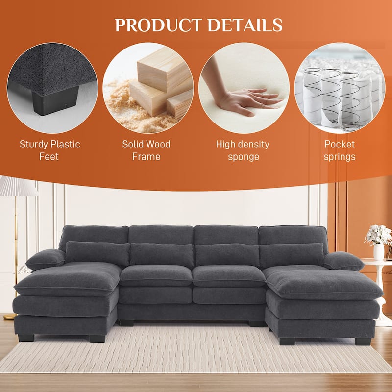 Ouyessir Soft Chenille Fabric U-shaped Sectional Sofa Set with Doudle Layer Cushion