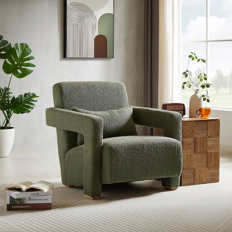 Modern Accent Chair with Square Arms, Living Room Upholstered Boucle Reading Chair Sofa Chair for Bedroom, Office