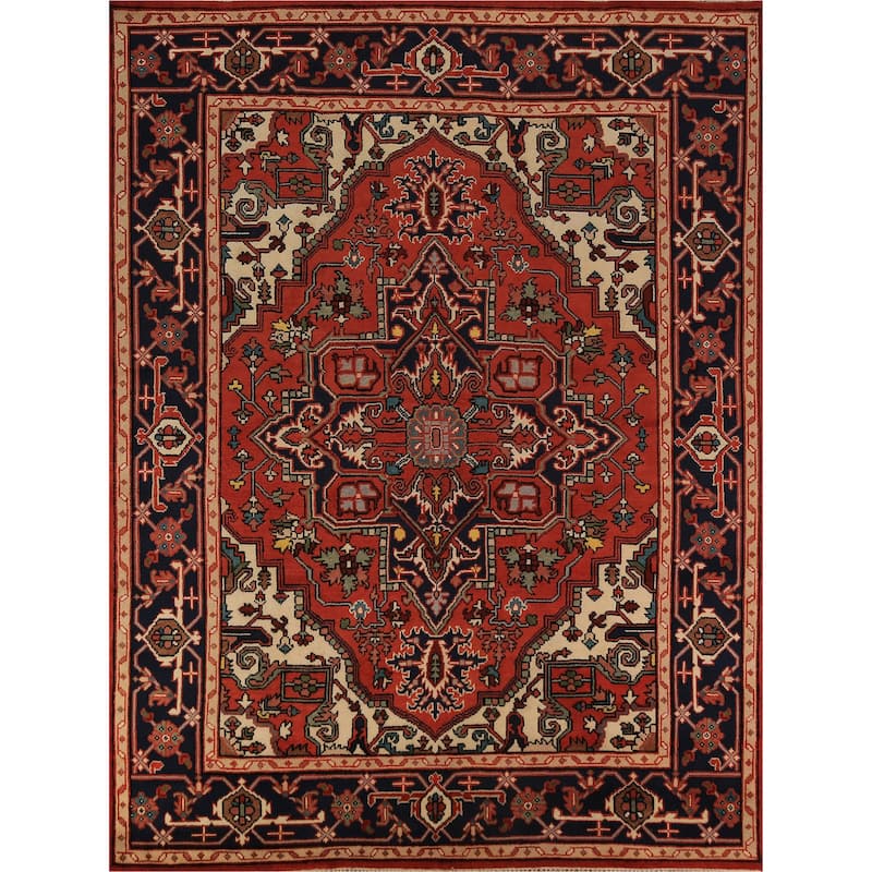 Orange Geometric Heriz Serapi Indian Area Rug Handmade Wool Carpet - 7'11"x 9'10"