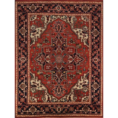 Orange Geometric Heriz Serapi Indian Area Rug Handmade Wool Carpet - 7'11"x 9'10"