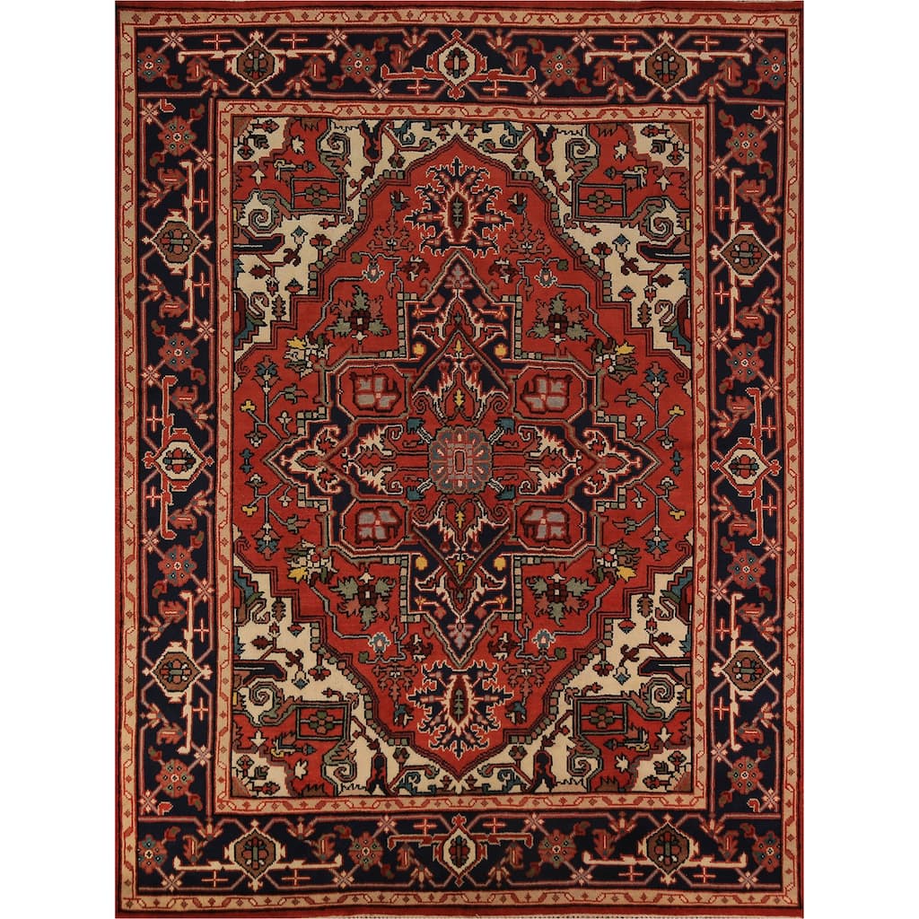 Orange Geometric Heriz Serapi Indian Area Rug Handmade Wool Carpet - 7'11"x 9'10"