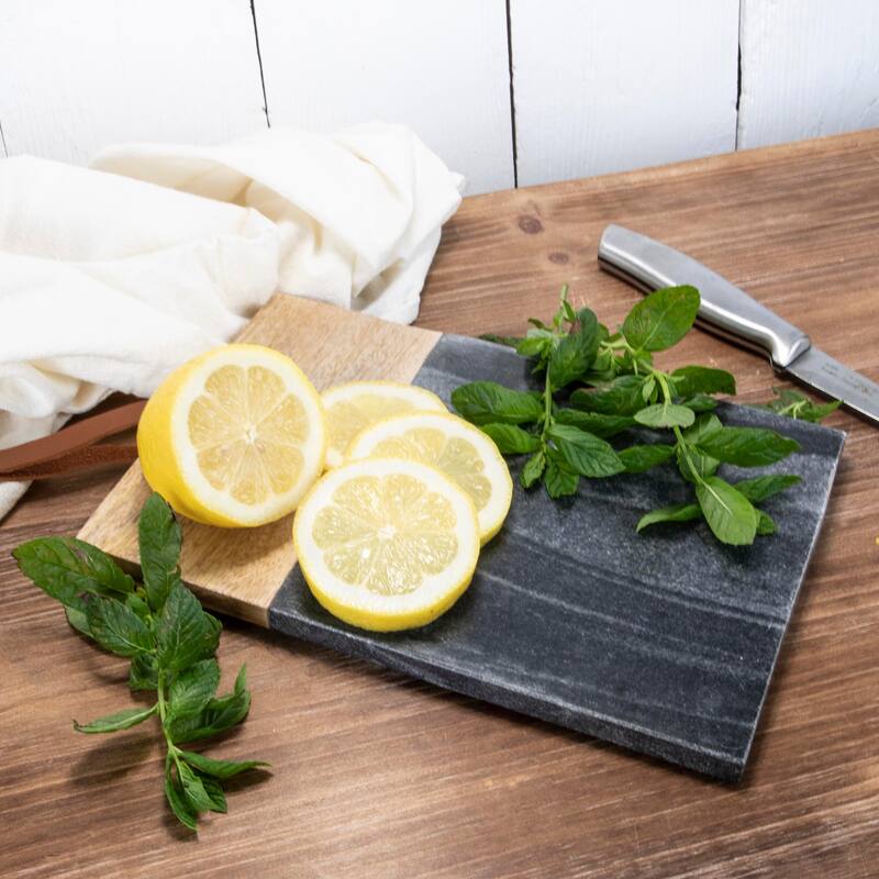 Foreside Home & Garden Small Square Black Marble and Wood Kitchen Serving Cutting Board - 10x7x.5