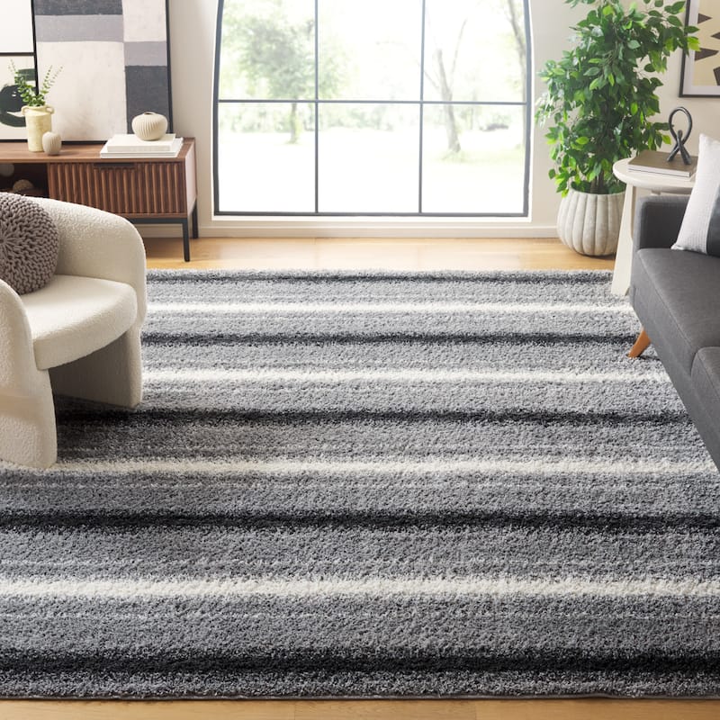 SAFAVIEH Border & Stripe Shag Hammy Modern 1.4-inch Thick - 6'7" x 6'7" Square - Grey/Black