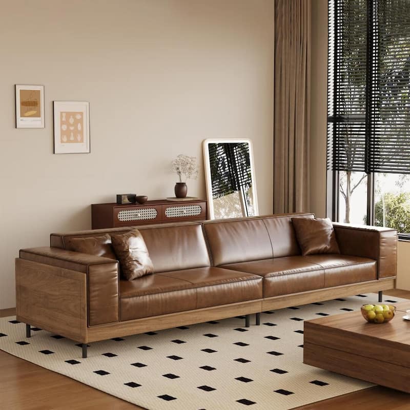 111.8'' Mid Century Modern 4 Seat Leather Sofa with Wide Armrests - 111.81"Wx36.61"Dx31.49"H - Brown - Symmetrical