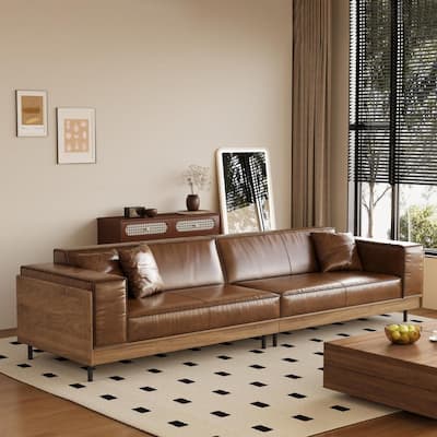 111.8'' Mid Century Modern 4 Seat Leather Sofa with Wide Armrests - 111.81"Wx36.61"Dx31.49"H