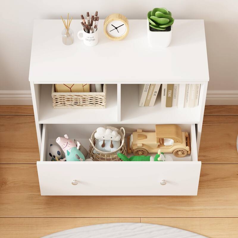 Modern White Storage Cabinet with Open Shelf and Drawer - Kids Playroom and Home Office Organizer