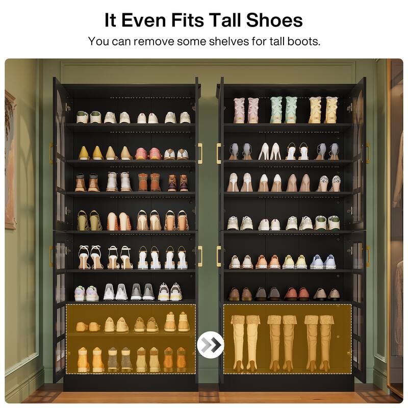 8-Tier Tall Shoe Storage Cabinet with Doors, Led Lights and Adjustable Shelves for Entryway, White