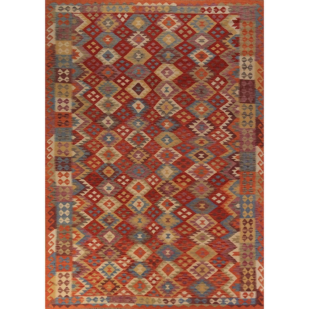 Orange Kilim Reversible Area Rug Hand-Woven Wool Carpet - 8'4"x 11'5"