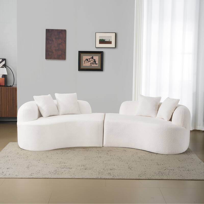 Curved Four Seater White Full Compression Sponge Sofa, No-Assembly Compact Sofa for Small Spaces & Apartments