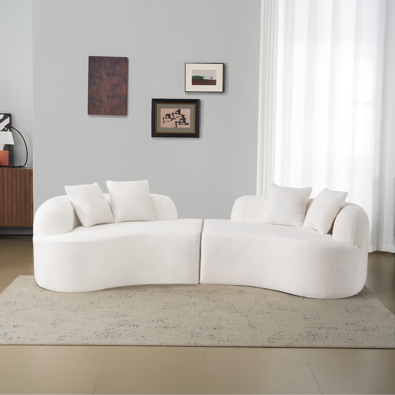 Curved Four Seater White Sofa, Teddy Velvet Fabric, Foam+Spring, Compact for Small Spaces