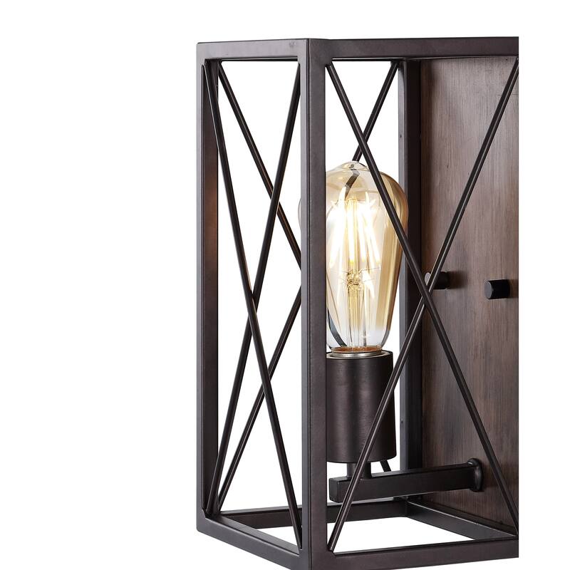 Arden X-Frame 6" 1-Light Farmhouse Rustic Iron LED Sconce, Oil Rubbed Bronze/Wood Finish by JONATHAN Y