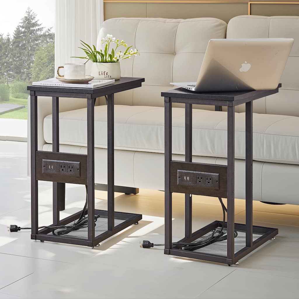 VECELO C Shaped End Table with Charging Station Sofa Table with USB Ports and Outlets C Bed Table Nightstands Set of 2