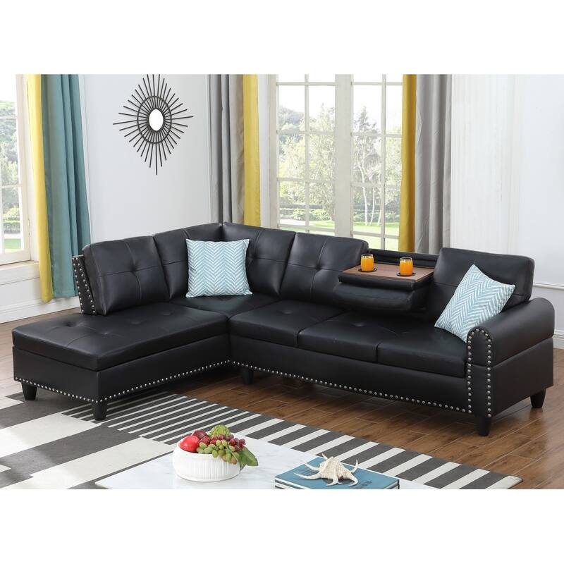 98" Faux Leather L-Shaped Sectional Sofa with Pillows & Cup Holders