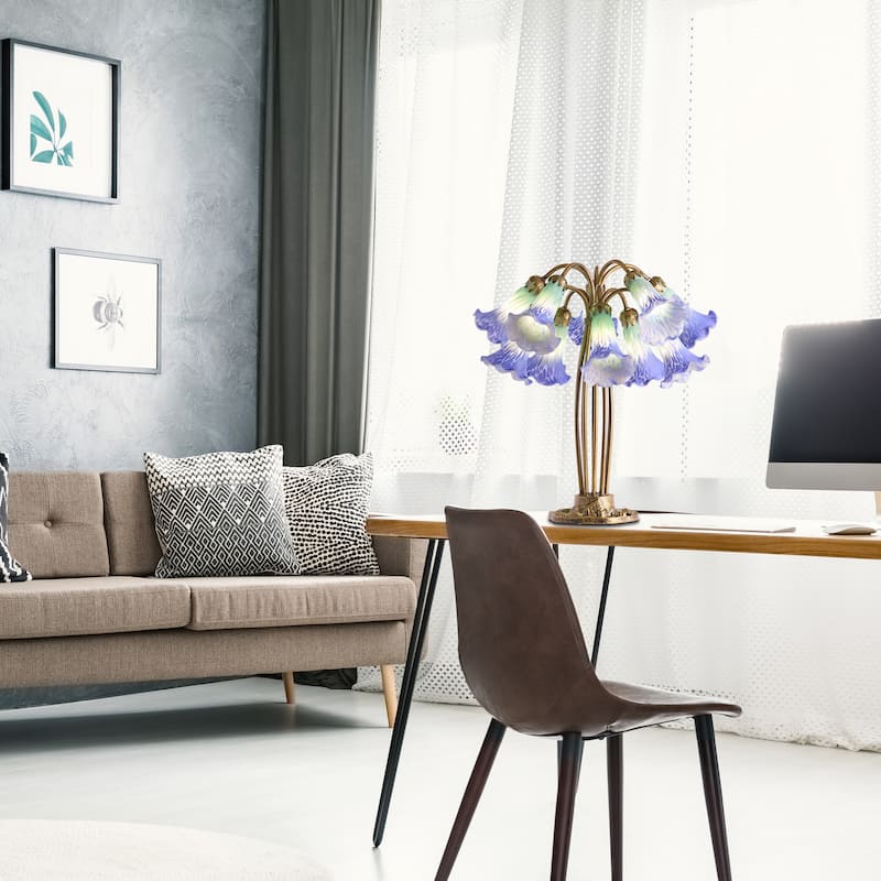 21.5-inch Antique Brass and Hand Blown Glass 10 Lily Downlight Table Lamp - 20.25" x 20.25" x 21.5"