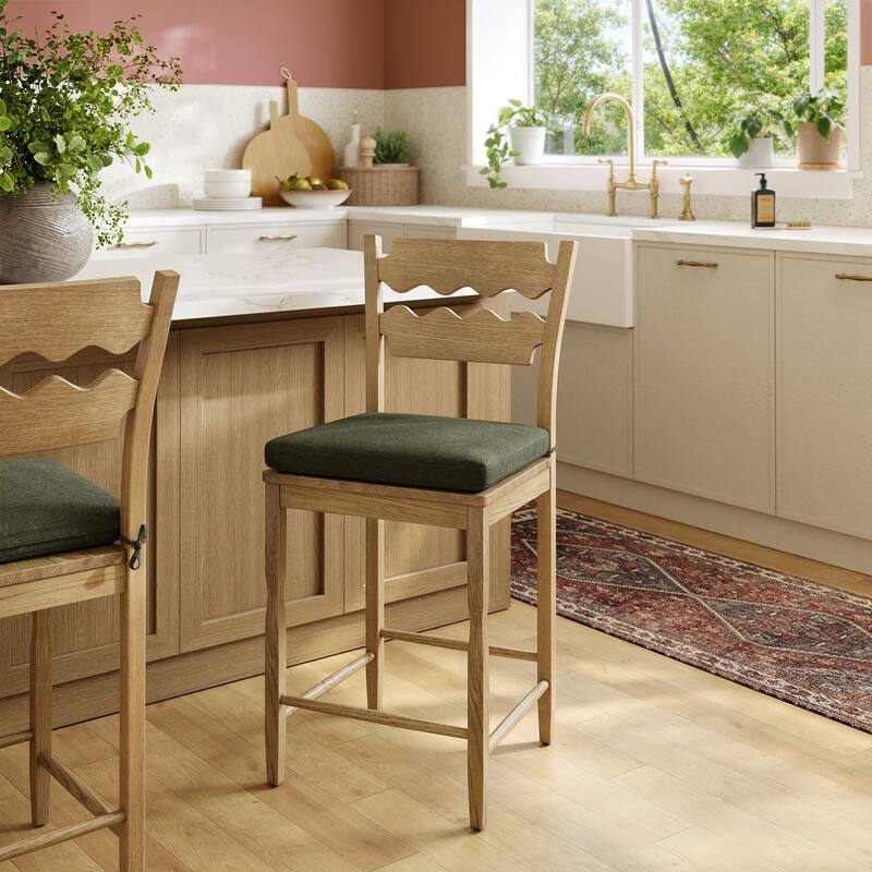 Jax Oak Wood Counter Stool With Wavy Razor Back and Cushion - Weathered Oak Sage