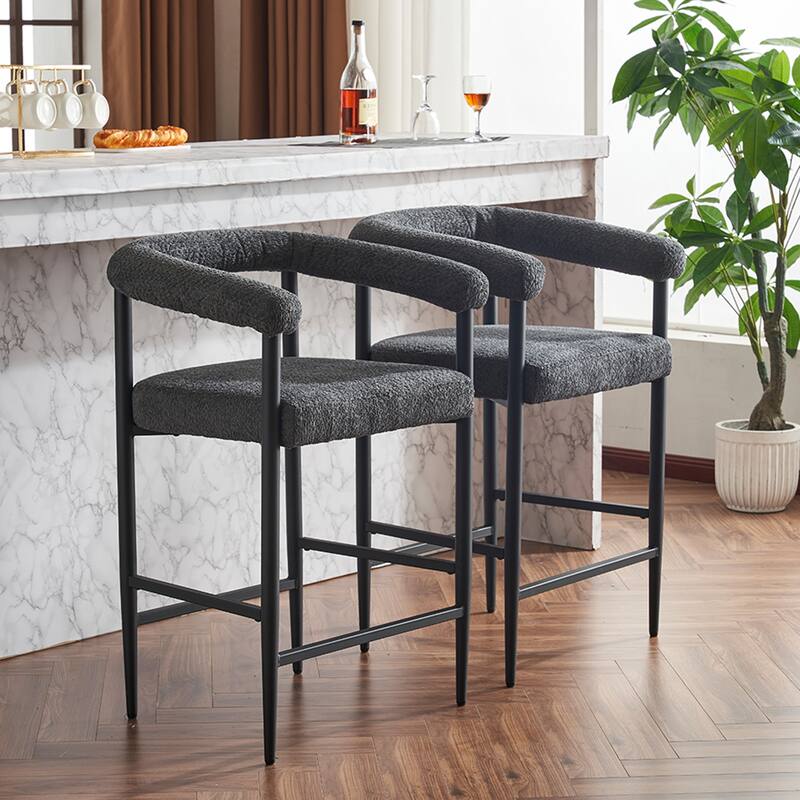Modern Upholstered Bar Stools Set of 2, Fabric Counter Height Chairs with Metal Frame & Armrests, Kitchen Island Bar Chairs