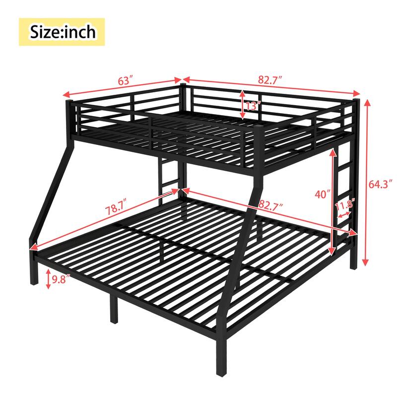 Queen Over King Metal Bunk Bed with Dual Ladders, Underbed Storage, and Noise-Free Design, Heavy-Duty Frame