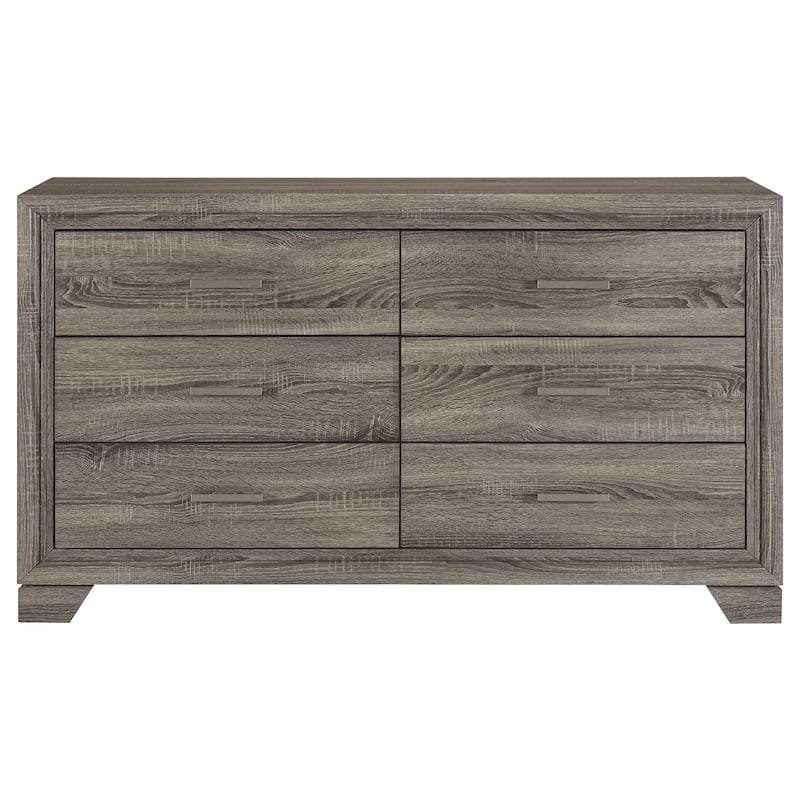 Reay Wide Dresser, Brown Oak Finish, 6 Drawers Silver Metal Handles