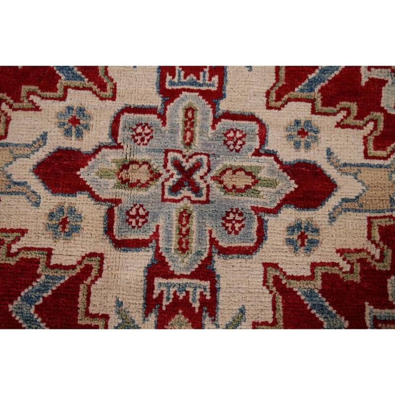 Geometric Red Kazak Oriental Rug Hand-Knotted Oriental Wool Carpet - 4'1" x 6'7"