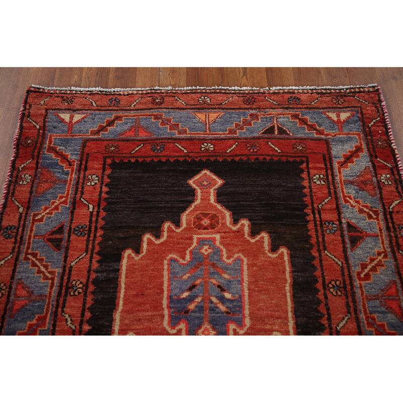 Geometric Hamedan Persian Vintage Runner Rug Hand-Knotted Wool Carpet - 3'5"x 9'9"