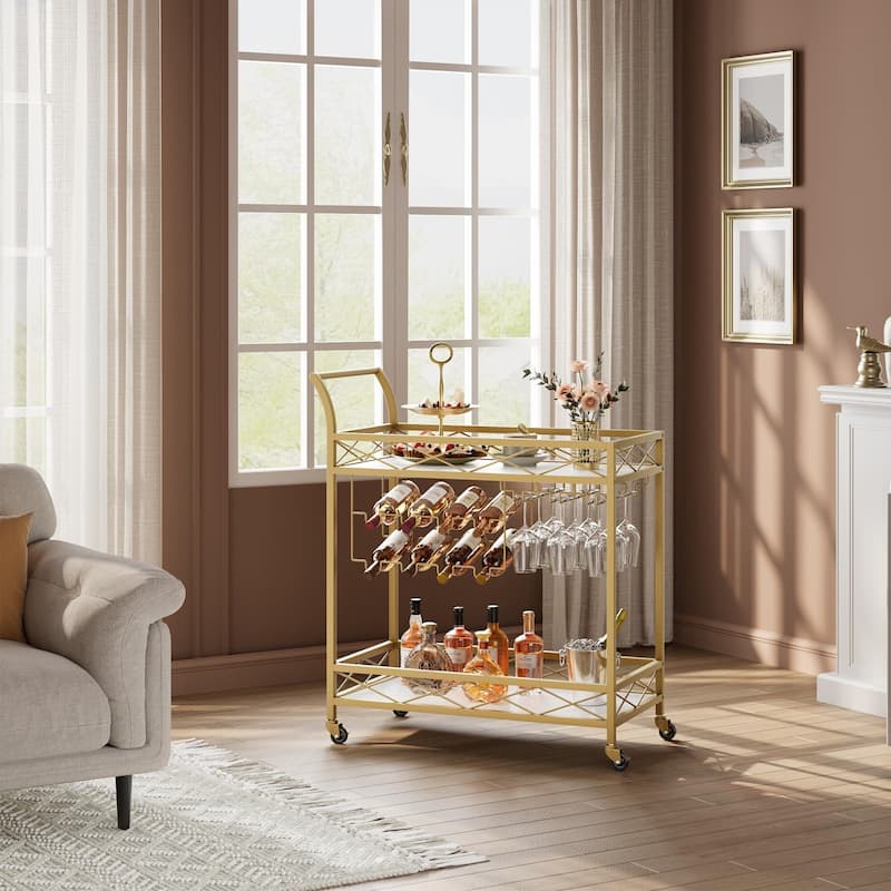 Gold Bar Cart, 2 Tier Bar Cart with Wheels for Home